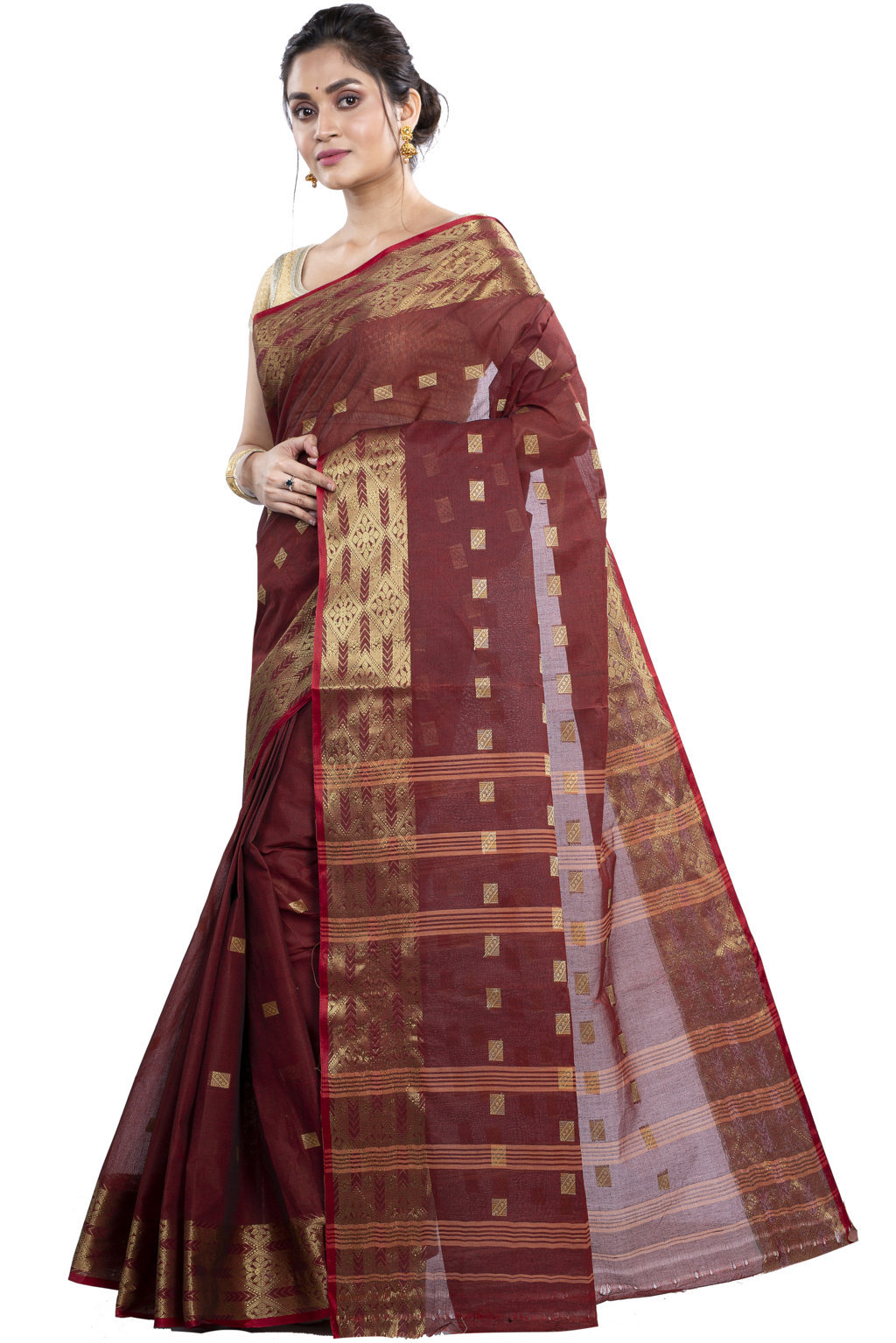 Brown Pure Cotton SqureButi Tant Saree (791)